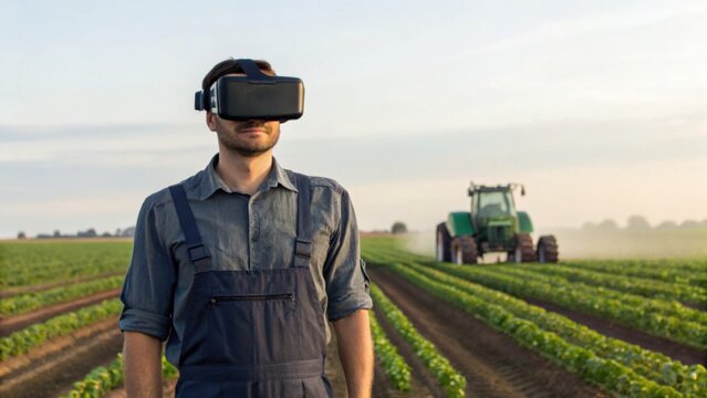 A farmer using virtual reality technology in a field, blending agriculture with innovation and modern farming techniques.