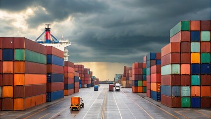 A busy shipping port with stacked cargo containers and a large ship, set against a dramatic sky, illustrating industrial logistics and transportation.
