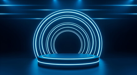 Fototapeta premium Futuristic 3D Render of Neon Blue Podium with Glowing Arch and Motion Light Streaks 