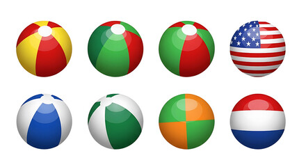 Vibrant collection of eight inflatable beach balls with diverse colorful patterns and flag designs.