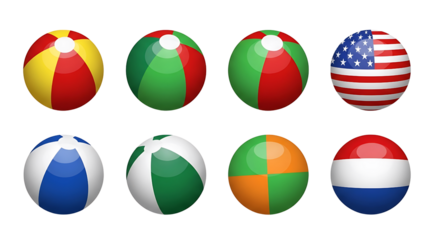 Vibrant collection of eight inflatable beach balls with diverse colorful patterns and flag designs.
