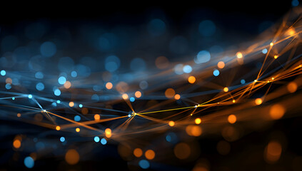 Luminous Blue and Orange Data Network with Dynamic Bokeh Lights.