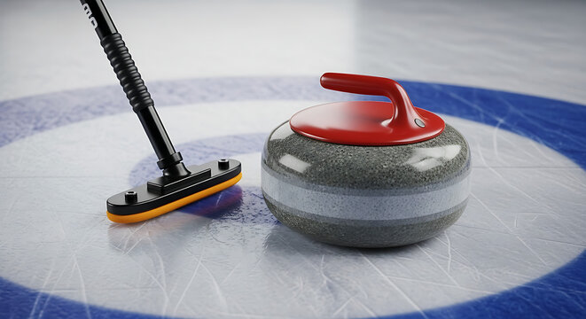 A curling stone and broom on an ice rink with blue target circles for a winter olympic sport game ai generated
