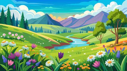 Naklejka premium very Beautiful natural spring summer landscape of a flowering meadow in a hilly area on a bright sunny day. Many flowers in a field in green grass. Small zone of .