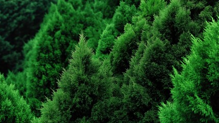 Lush green evergreen trees in dense forest foliage landscape