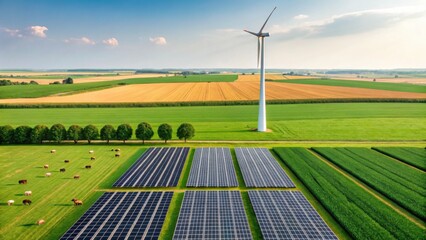 A picturesque landscape featuring solar panels and a wind turbine amidst green fields, showcasing renewable energy in agriculture.