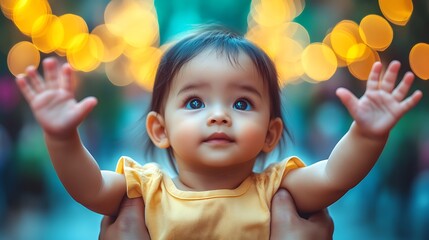 Baby girl with outstretched arms against a bokeh background.