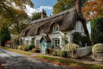 Fototapeta premium Autumnal thatched cottage by a country road