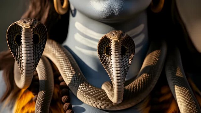 Closeup of lord shiva statue with a cobra snake around his neck, a representation of hindu god, spirituality, and indian culture, a symbol of divine power