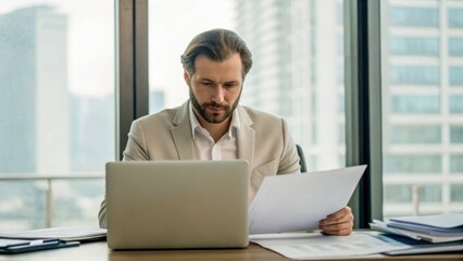 A focused businessman reviews documents while working on a laptop in a modern office with city views.