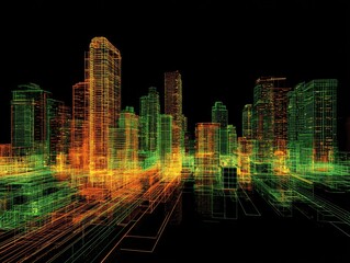 Obraz premium Abstract cityscape, wireframe, digital architecture