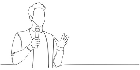 Businessman Presenting with Mic, line art, One Line Style vector illustration