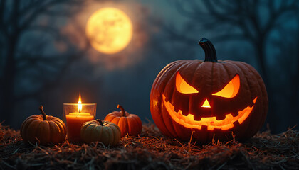 Fototapeta premium Halloween Scene with Carved Pumpkin, Smaller Pumpkins, and Candle