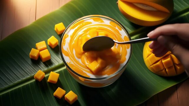 Swirled mango lassi in glass bowl with mango cubes on banana leaf
