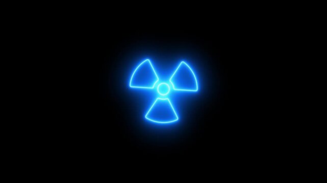Neon nuclear radiation hazard symbol icon 4k video animation on black background. This design represent radioactive danger or nuclear energy sign animation. neon warning sign safety nuclear-content .	