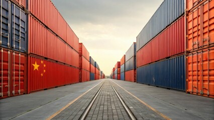 A perspective view of stacked cargo containers, predominantly red and blue, lining a pathway leading to the horizon.