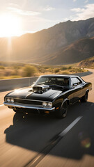 Fototapeta premium A sleek black vintage muscle car speeds down a sunlit highway, its supercharged engine roaring. 