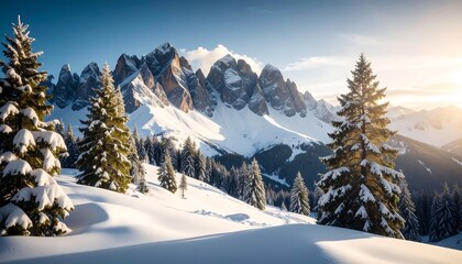 Fototapeta premium Snowy mountain peaks at sunset