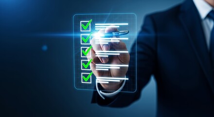 Business Checklist Approval Interface  Digital Confirmation of Tasks and Progress with a Man Selecting Options on a Futuristic Screen