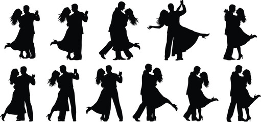 Silhouettes of dancing couples in elegant poses, ballroom dance vector illustration, romantic partner choreography, black and white artwork