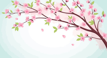 Obraz premium Illustration of a blossoming tree branch with pink flowers and green leaves against a light blue background, some petals falling.