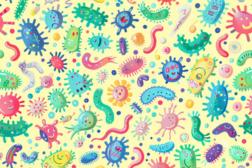 Colorful and cartoonish illustration of various bacteria and viruses
