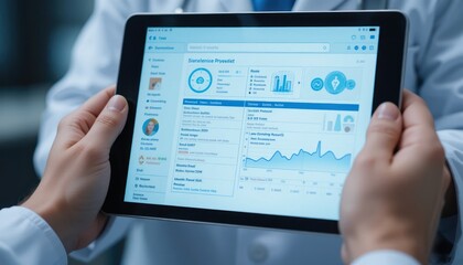 Doctor reviewing patient data analytics on a digital tablet interface
