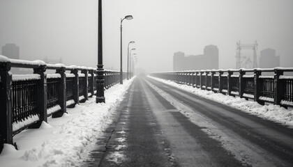 Obraz premium Snow Covered Bridge with Lampposts and Cityscape