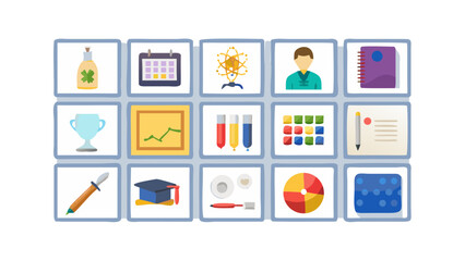 Collection of educational and scientific icons in a grid layout