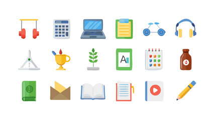 Collection of colorful educational and learning icons on a black background