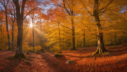 Fototapeta premium Foggy morning in the forest, golden trees fading into the mist.