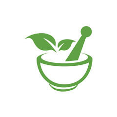 Pharmacy logo design graphic with an icon that consist of mortar, pestle and leaf vector template