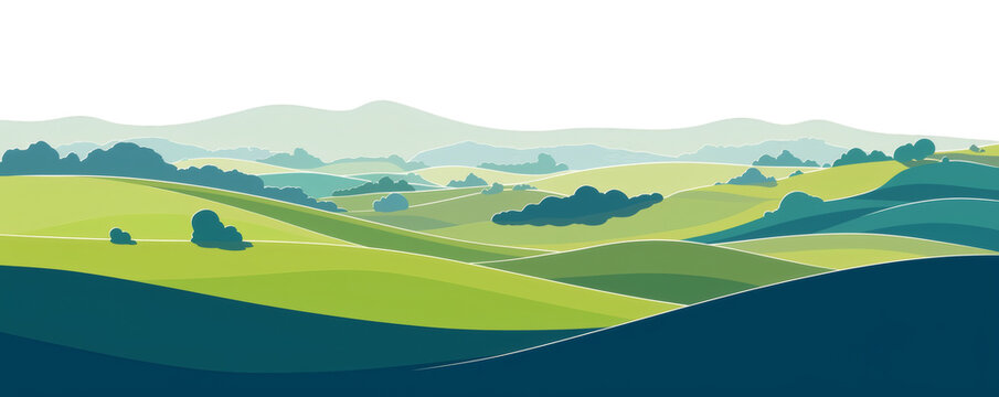 A peaceful landscape featuring rolling green hills and distant blue mountains under a clear sky, ideal for natural scenery backgrounds.