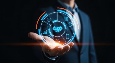 Business Partnership Technology Concept  Digital Handshake Icon in Futuristic Interface Display for Collaboration and Dealmaking Success