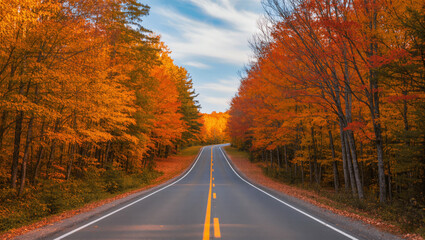 Fototapeta premium Aerial view of a winding road through colorful autumn forest.