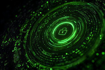 Luminous Green Padlock at the Core of a Swirling Digital Data Vortex.