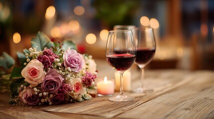 Wine Glasses and Flower Bouquet on Wooden Table at Romantic Dinner Setting