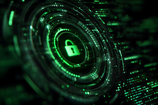 Luminous Green Padlock at the Core of a Futuristic Cybersecurity System.