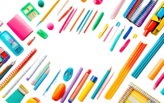 Colorful school supplies on transparent background, png