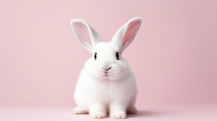 Obraz premium cute animal pet rabbit or bunny white color smiling and laughing isolated with copy space for easter background, rabbit, animal, pet, cute, fur, ear, mammal, background, celebration, generate by AI