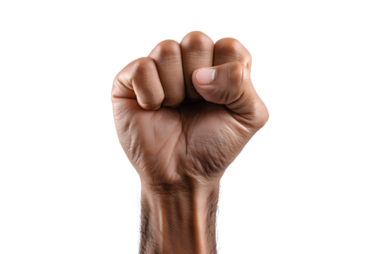 close-up of a raised clenched fist, symbolizing power, protest, unity, resistance, and solidarity, isolated on white background