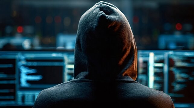 Computer hacker wearing hoodie is breaching server security in data center, breaking through firewall and gaining unauthorized access to sensitive information