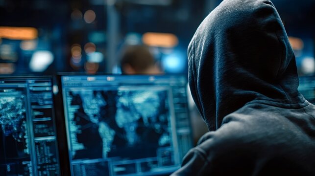 Hooded hacker is breaking into corporate data servers and is looking at multiple computer screens with map and big data code, working in dark room late at night