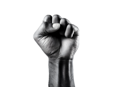 Black and white close-up of a raised clenched fist, symbolizing power, protest, unity, resistance, and solidarity, isolated on white background