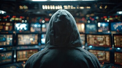 Hacker in a dark hoodie analyzing data on multiple computer screens in a dimly lit room, possibly engaging in cybercrime or security surveillance