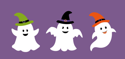 Set of Cute Halloween white ghost.
Halloween sheet ghost flat vector illustration.
White ghost wearing a witch hat.
Good for greeting card,poster, banner, leaflet.