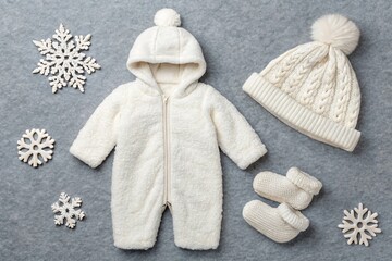 Cozy winter baby outfit fuzzy snowsuit mittens scarf and knit hat with pompom for cold weather adventures