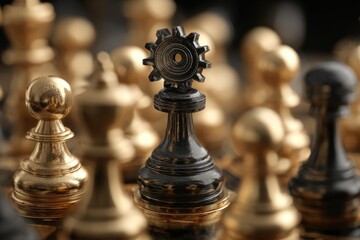 Black chess piece with gear, amidst gold pieces