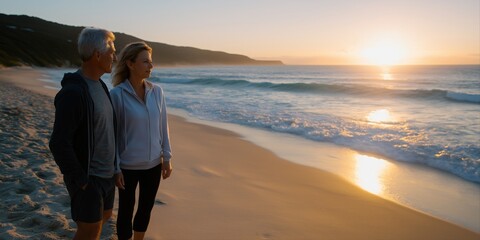 Caucasian mature couple enjoying sunset walk on serene beach