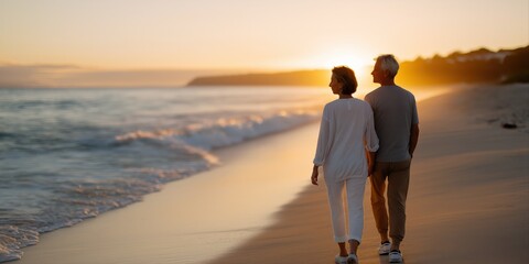 Elderly caucasian couple walking on beach at sunset